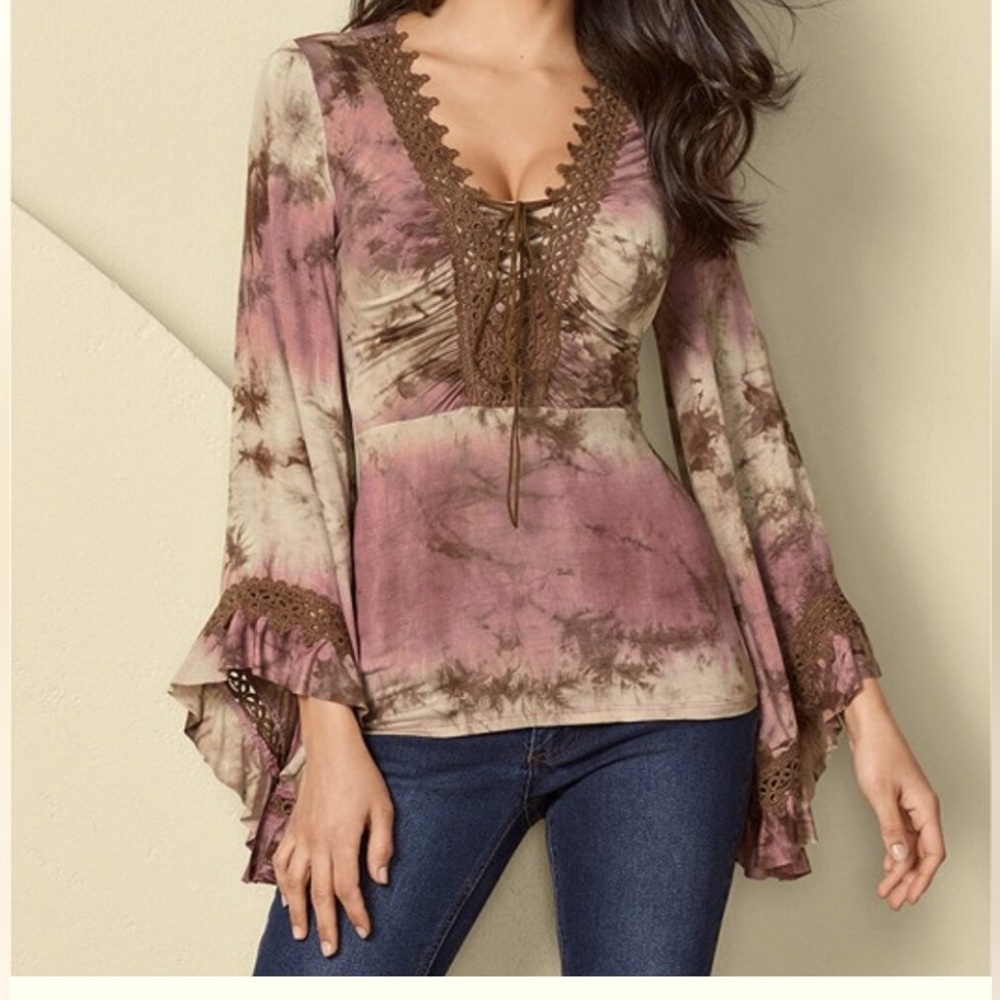 Bohemian stretchy Lace-Up Tie-Dye Top soft stretchy tee shirt material